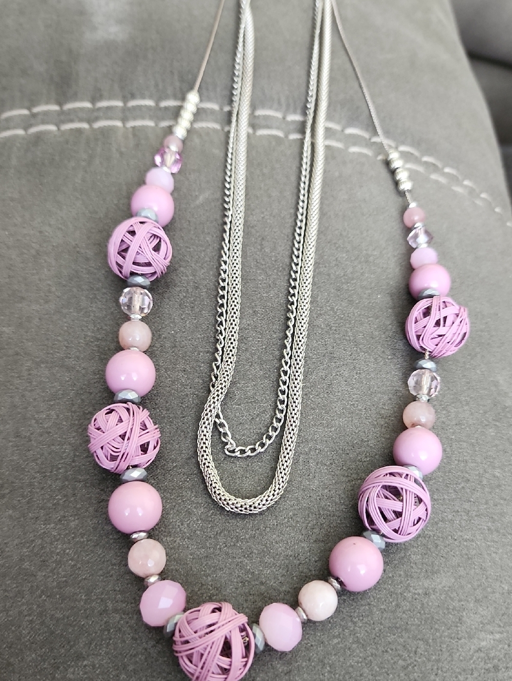 Pink Beaded Layered Necklace Silver Tone Multi Strand Statement Necklace - Picture 7 of 8